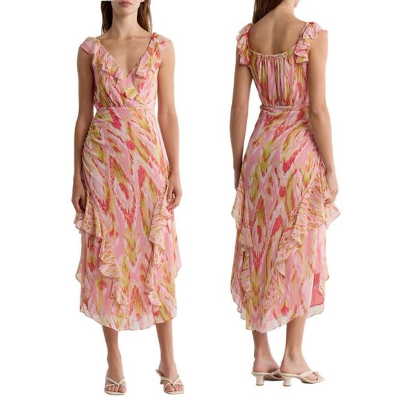 NWT Ramy Brook “Anika” ruffle chiffon maxi pink and light green hues. Size 4 - Picture 1 of 16
